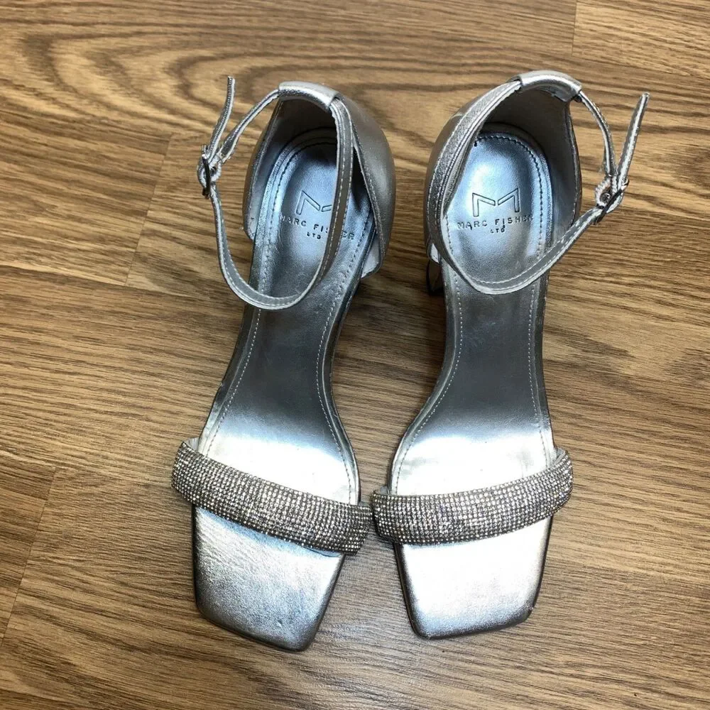 Marc Fisher Women Angelo Heeled Sandals Size 7M Silver Leather Party Embellished